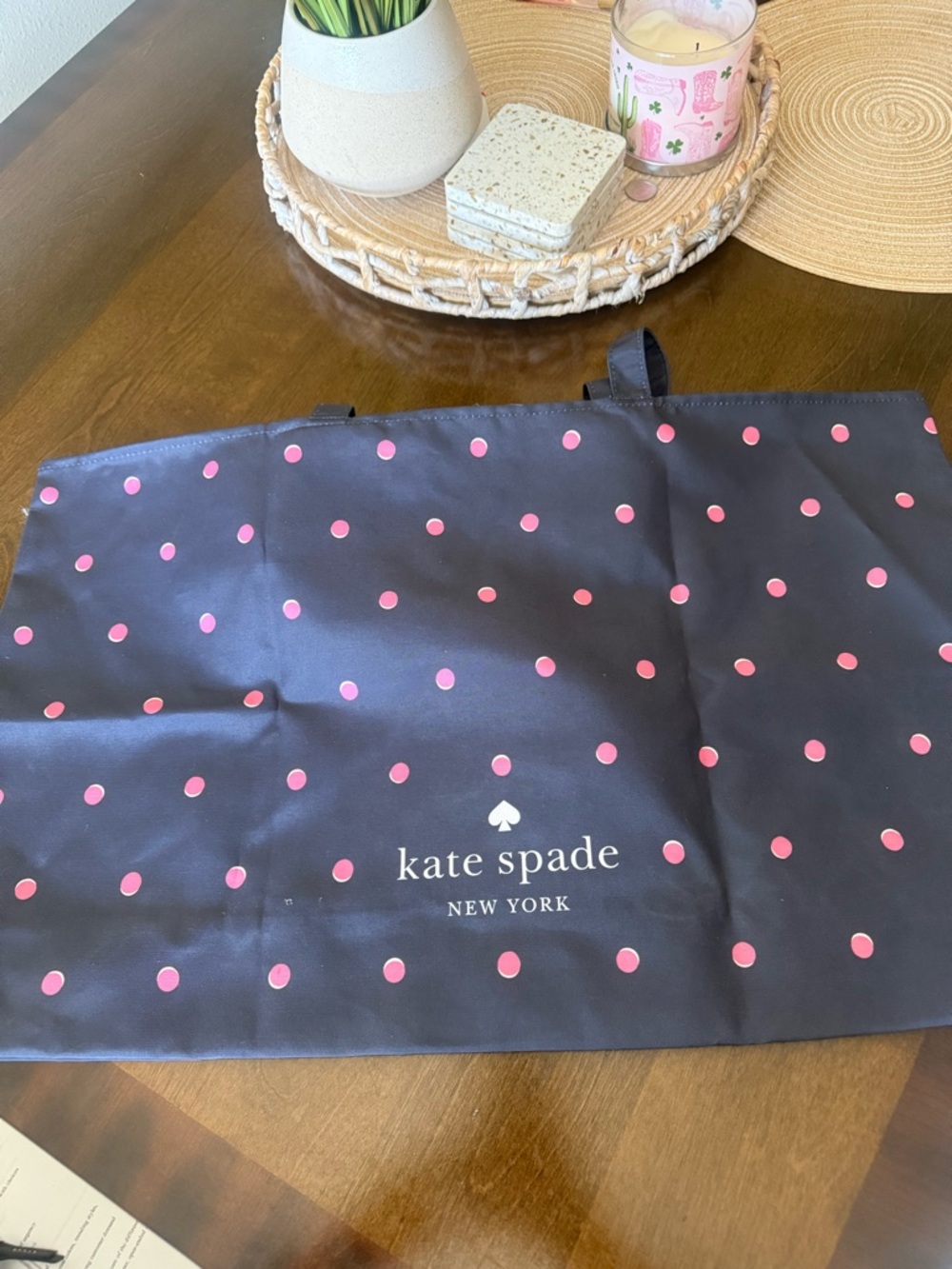 kate spade navy tote with pink polka dots
